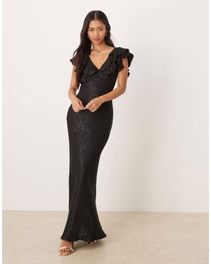 Never Fully Dressed V Neck Ruffle Animal Jacquard Maxi Dress - Natural