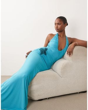 ASOS Ruched Slinky Maxi Dress With Applique Floral Detail - Blue