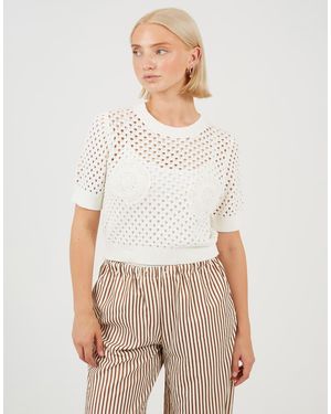 Brave Soul Crochet Knit Short Sleeve T-Shirt With Shell Detail - White