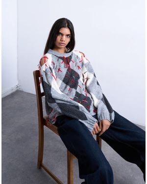 TOPSHOP Knitted Argyle Distressed Sweater - White