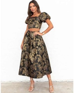 Maya Floral Jacquard Pleated Midi Skirt - Blue