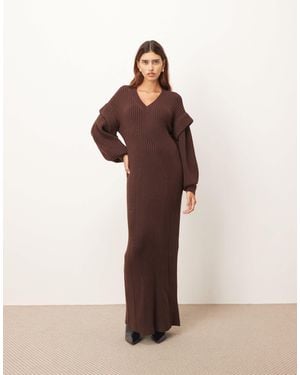 ARRANGE Rib Knit V Neck Maxi Dress With Shoulder Detail - Brown