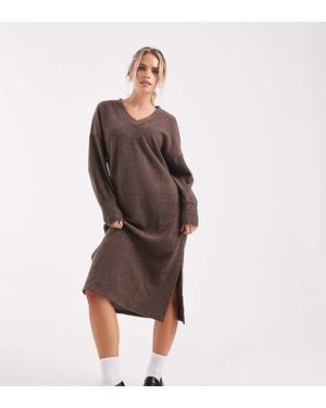 Vero Moda Soft Rib Knit V Neck Midi Dress - Brown