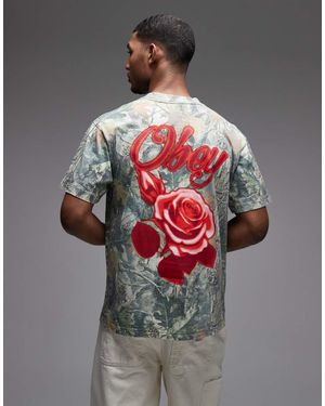 Obey Real Tree Camo Graffiti Rose Backprint Graphic T-shirt With Back Print - Grey