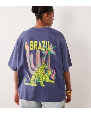 ASOS Asos Design Curve Oversized T-shirt With Brazil Leopard Graphic - Blue