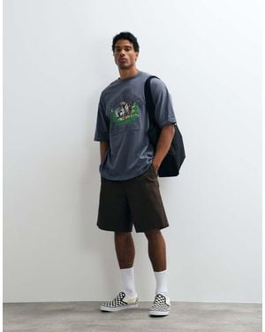 ASOS T-Shirt Oversize Color Antracite Con Applicazioni Ricamate E Stampa Di Paesaggio - Blu