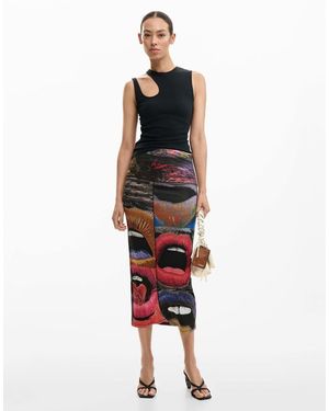 Desigual Falda Negra Con Estampado De Labios - Blanco