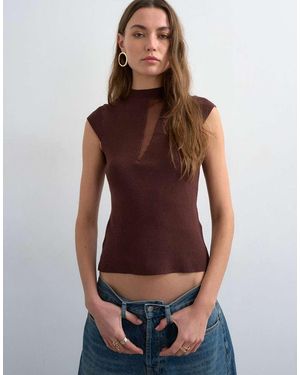 TOPSHOP Knitted Sheer Mix Cap Sleeve Top - Brown