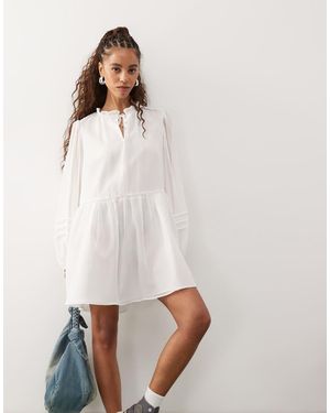 Reclaimed Vintage Western Mini Smock Dress With Tie Front Collar - White