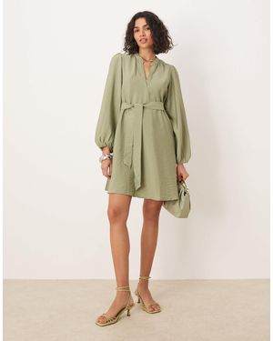 Vila V Neck Tie Waist Mini Dress - Green