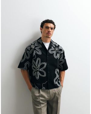 TOPMAN Boxy Fit Heavyweight Jersey Shirt With All Over Floral Applique - Black