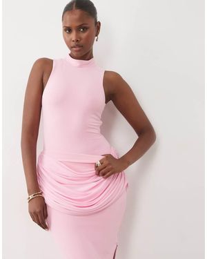 Wanderdoll Gracie Sculpted High Neck Sleeveless Bodysuit Co-Ord - Pink