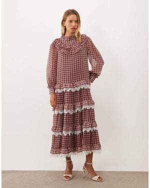 Sister Jane Fates High Neck Lace Ruffle Detail Maxi Dress - Red
