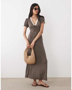 Miss Selfridge V-Neck Maxi Tea Dress With Lace Trim - Brown