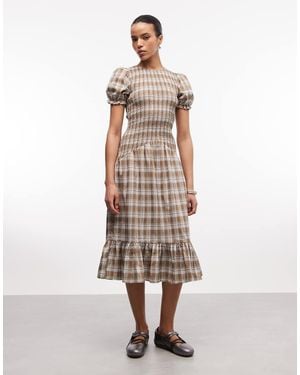 Daisy Street Drop Waist Shirred Midi Dress With Puff Sleeves - Natural