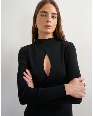 TOPSHOP Knitted Long Sleeve Front Drape Keyhole Top - Black