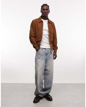 Schott Nyc Real Suede Bomber Jacket With Collar - White