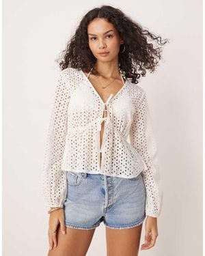 Jdy Tie Front Broderie Detail Top - White
