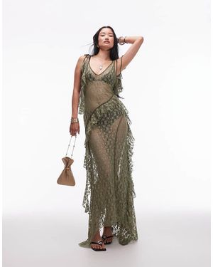 ASOS Asymmetric Sheer Lace Maxi With Shredded Detailing And Exposed Seams - Green
