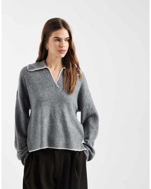ONLY Contrast Stitch Knitted Polo - Grey