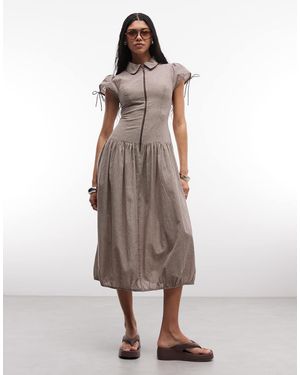 Collusion Vestido Midi A Cuadros Vichy Marrones Fruncido - Neutro