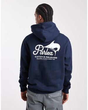 Parlez Screen Printed Fishing Graphic Logo Hoodie With Back Print - Blue