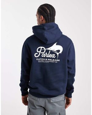 Parlez Screen Printed Fishing Graphic Logo Hoodie With Back Print - Blue