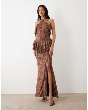 ASOS Devore Halter Maxi Dress With Frill Neckline - Brown
