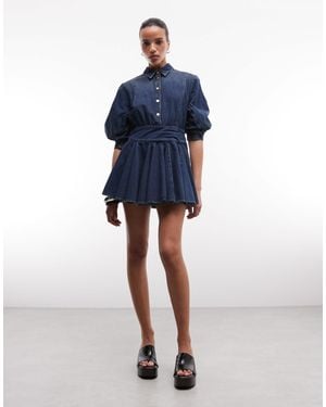 AllSaints Arlo Balloon Sleeve Button Down Denim Mini Dress - Blue
