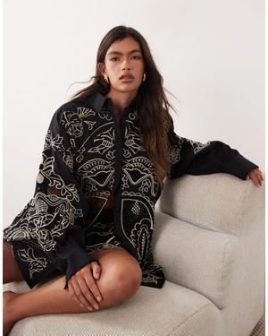 ARRANGE Embroidered Cutwork Oversized Shirt Co-ord - Brown