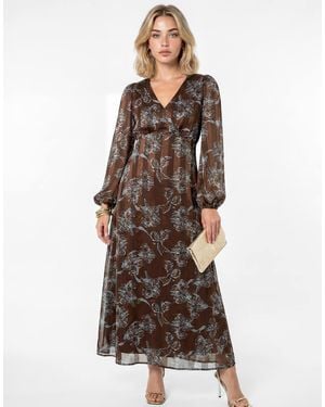 Lovedrobe Floral Print Burnout Satin Stripe Midaxi Dress - Brown