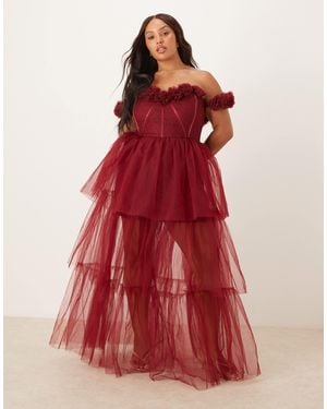 Lace & Beads Plus Rosette Corset Tiered Tulle Maxi Dress