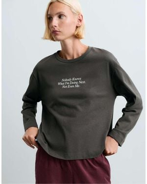 Oysho 100% Cotton Long Sleeve T-shirt With Text - Grey