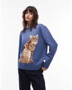 House Of Sunny Ginger Cat Crew Neck Jumper - Blue
