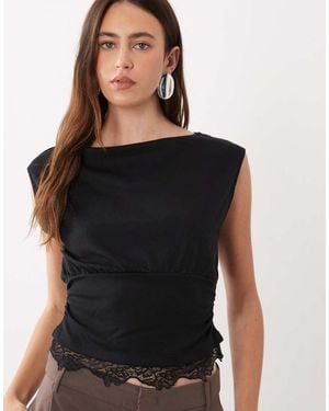 Mango Sleeveless Lace Trim T-Shirt - Black