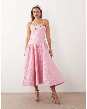 Sister Jane Dream Posy Jacquard Square Neck Embellished Detail Drop Waist Midi Dress - Pink