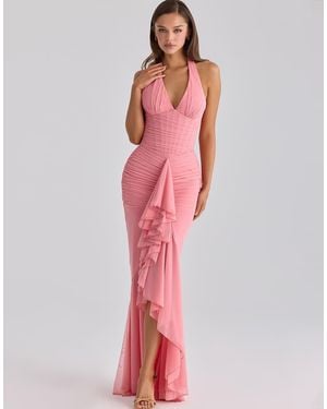 House Of Cb Carmine Raspberry Mesh Halter Neck Waterfall Maxi Dress - Red