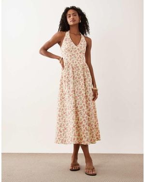 New Look Ditsy Halterneck Drop Waist Midi Dress - Natural