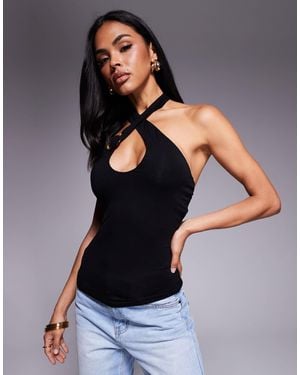 Princess Polly Quell Slinky Halterneck Keyhole Detail Resin Hardware Top - Black