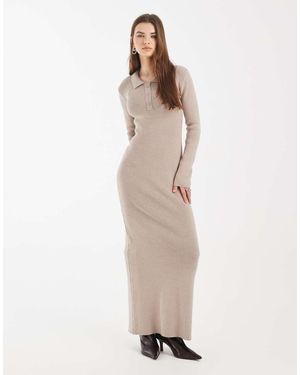 4th & Reckless Ribbed Knit Button Detail Collared Long Sleeve Maxi Dress - Natural