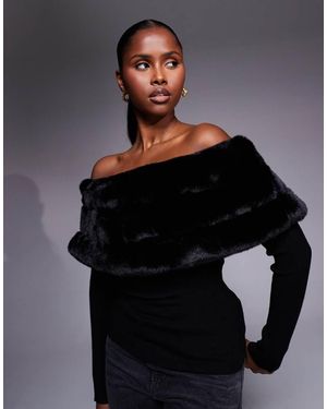 River Island Faux Fur Trim Bardot Jumper - Black