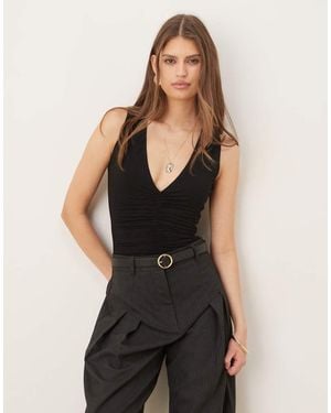 Wanderdoll Tate Sculpting Second Skin Plunge Neck Ruched Detail Sleeveless Bodysuit - Black