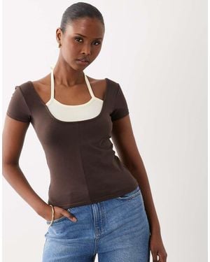 The Frolic Exclusive Jersey Layered Halter Detail T-shirt - Brown
