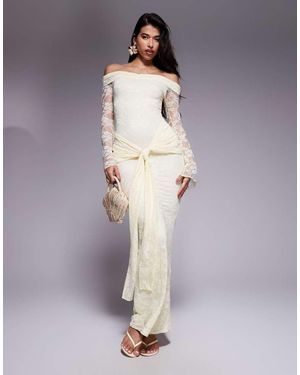 Kaiia Exclusive Double Layered Slinky Lace Bardot Flare Sleeve Tie Waist Drape Detail Maxi Dress - Purple