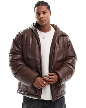 ASOS Faux Leather Puffer Jacket With Hood - Brown