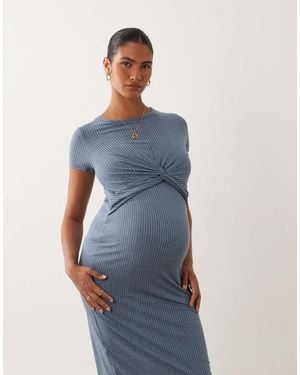 Mama.licious Mamalicious Maternity Short Sleeve Knot Front Midi Dress With Nursing Function - Blue