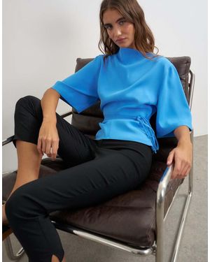 TOPSHOP High Neck Tie Detail Short Sleeved Top - Blue