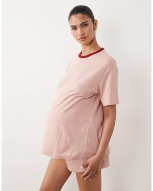 ASOS Asos Design Maternity Slubby Cotton Oversized Tee And Shorts Set With Contrast Neck Binding - Pink