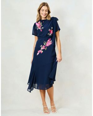 Hope & Ivy The Aubree Embellished Slash Neck Midi Dress With Bow Shoulder Detail - Blue