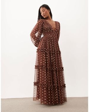 LACE & BEADS Tulle Sheer Balloon Sleeve Plunge Neck Tiered Maxi Dress - Brown